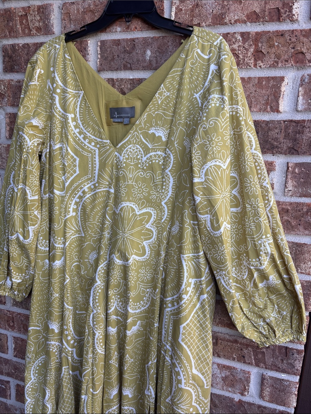 By Anthropologie V-Neck Olive Green Printed Midi Dress - Picture 3 of 9
